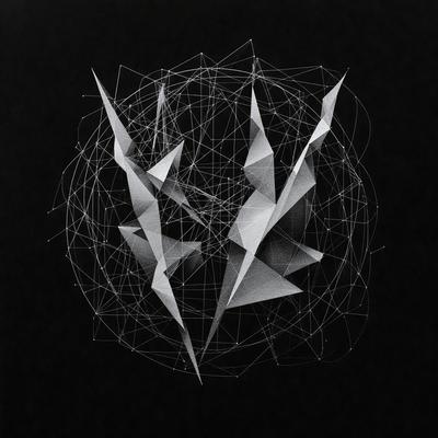 The primary subject of the image is a black and white geometric pattern. The setting is a black background, and the visual style is a combination of digital art and illustration. The dominant colors are black and white, creating a minimalist and modern atmosphere.